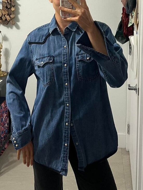 Zara Tops - Zara Blue denim shirt with pearl button detailing and black decoration
